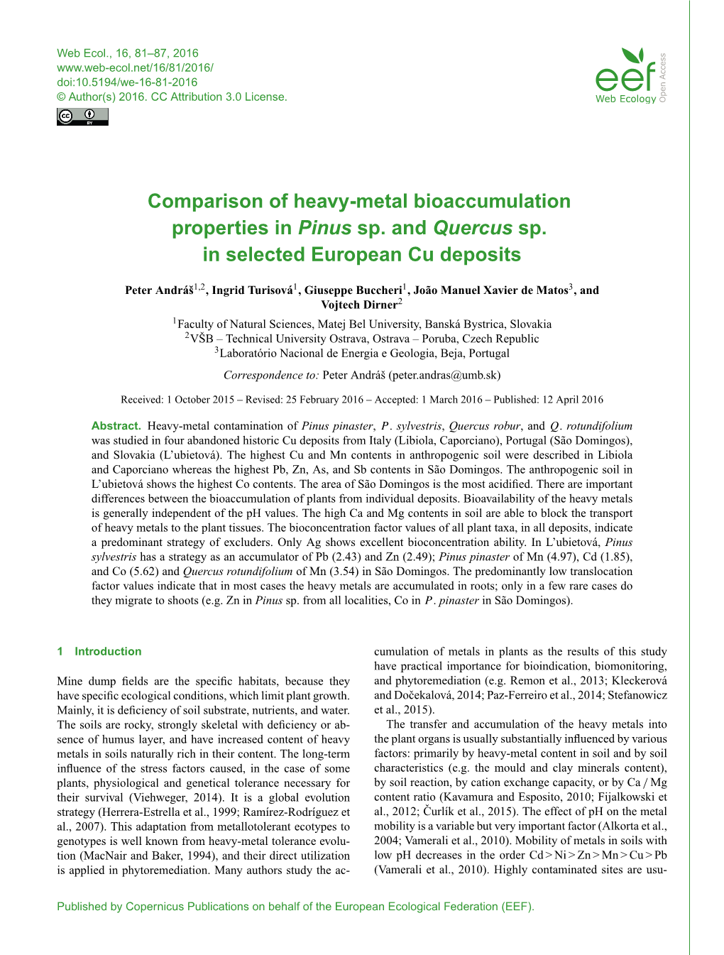 Comparison of Heavy-Metal Bioaccumulation Properties in Pinus Sp