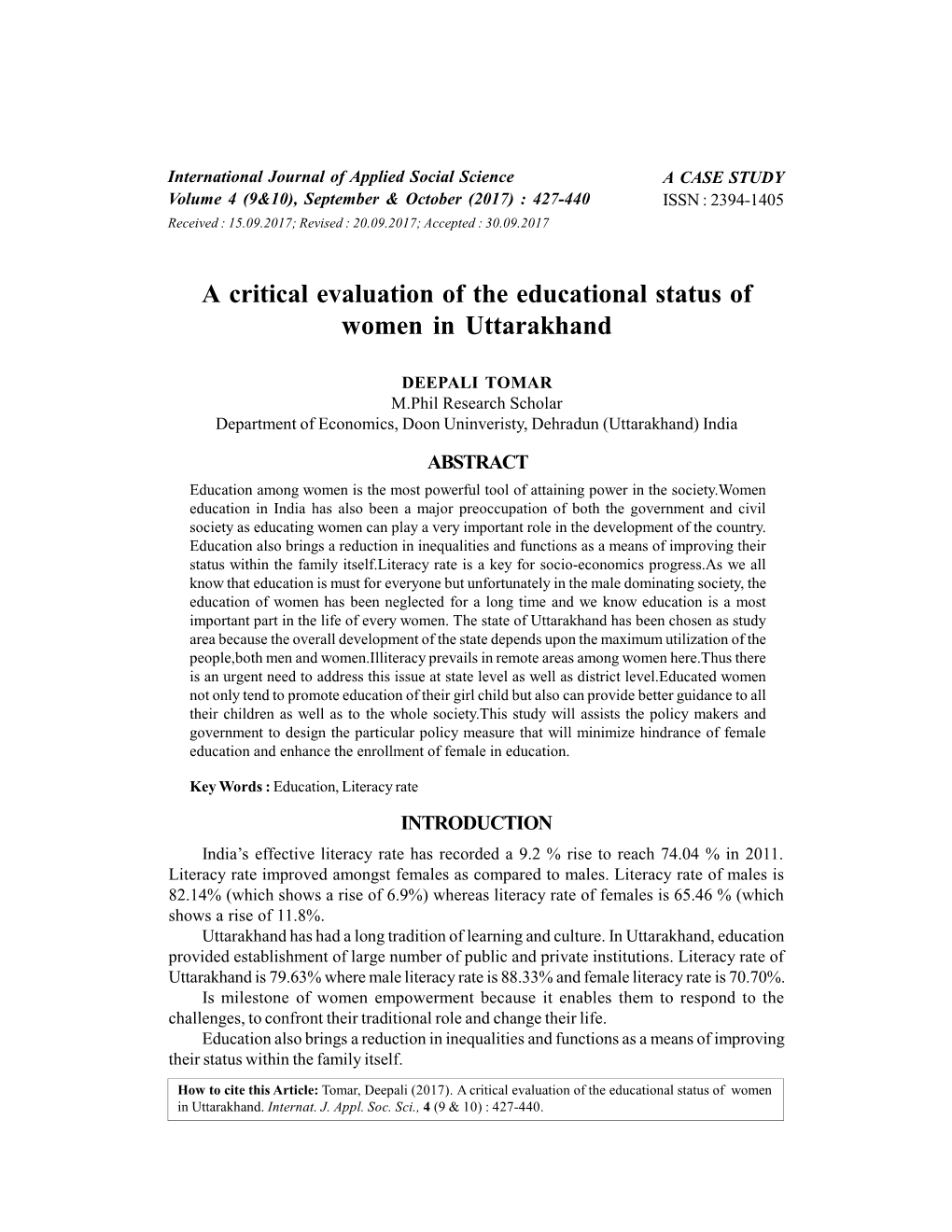 A Critical Evaluation of the Educational Status of Women in Uttarakhand