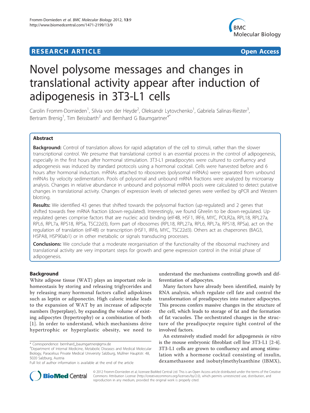 Novel Polysome Messages and Changes in Translational Activity