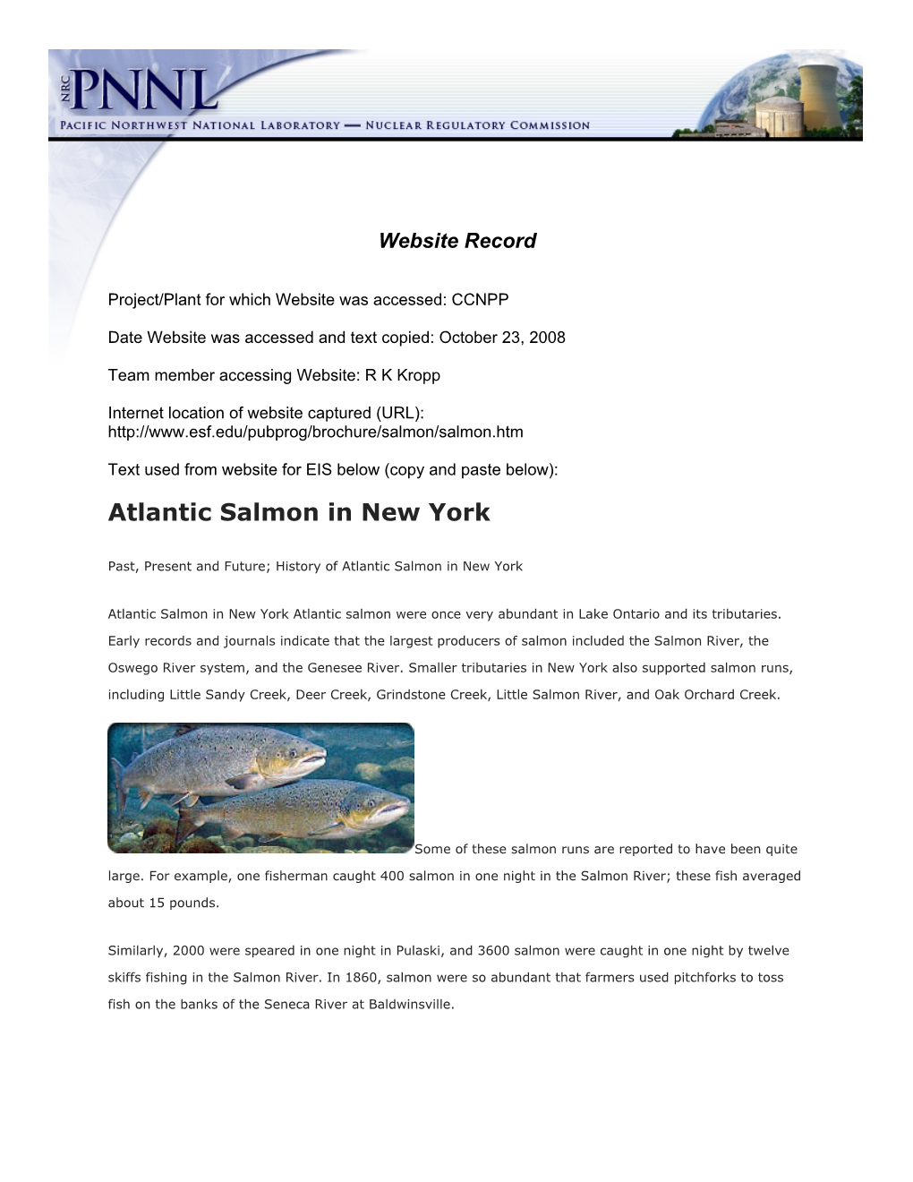 Atlantic Salmon Website Record, 2009