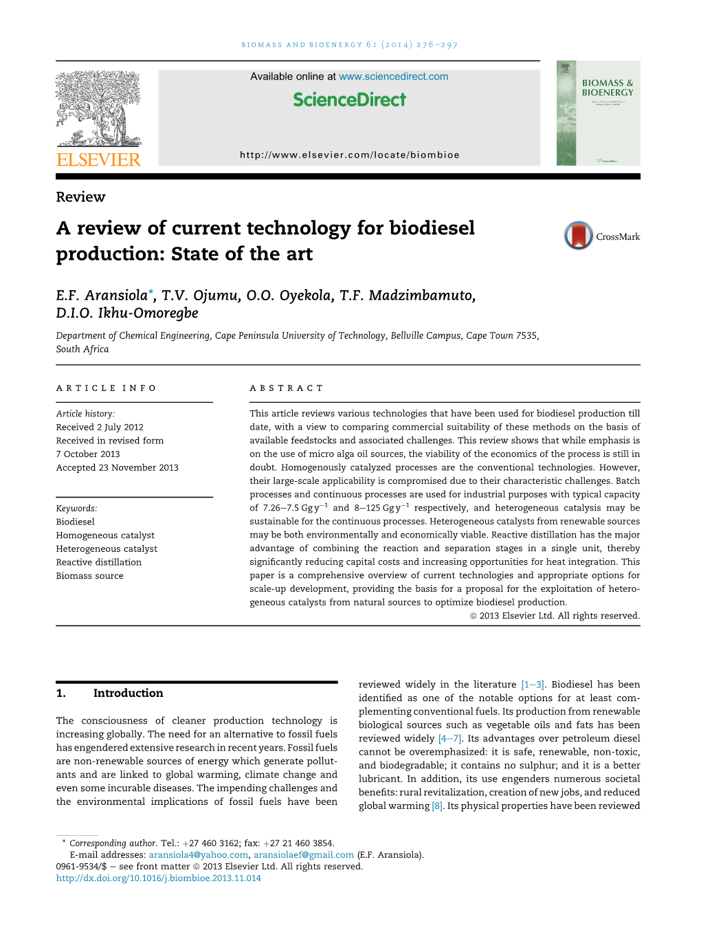 A Review of Current Technology for Biodiesel Production: State of the Art