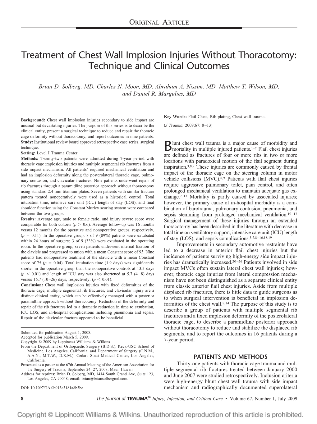 Treatment of Chest Wall Implosion Injuries Without Thoracotomy: Technique and Clinical Outcomes