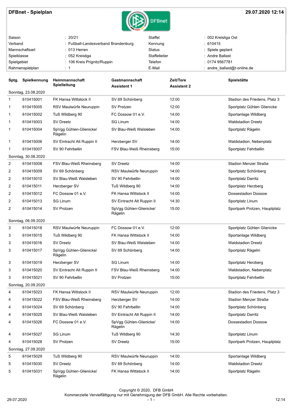 Spielplan 29.07.2020 12:14