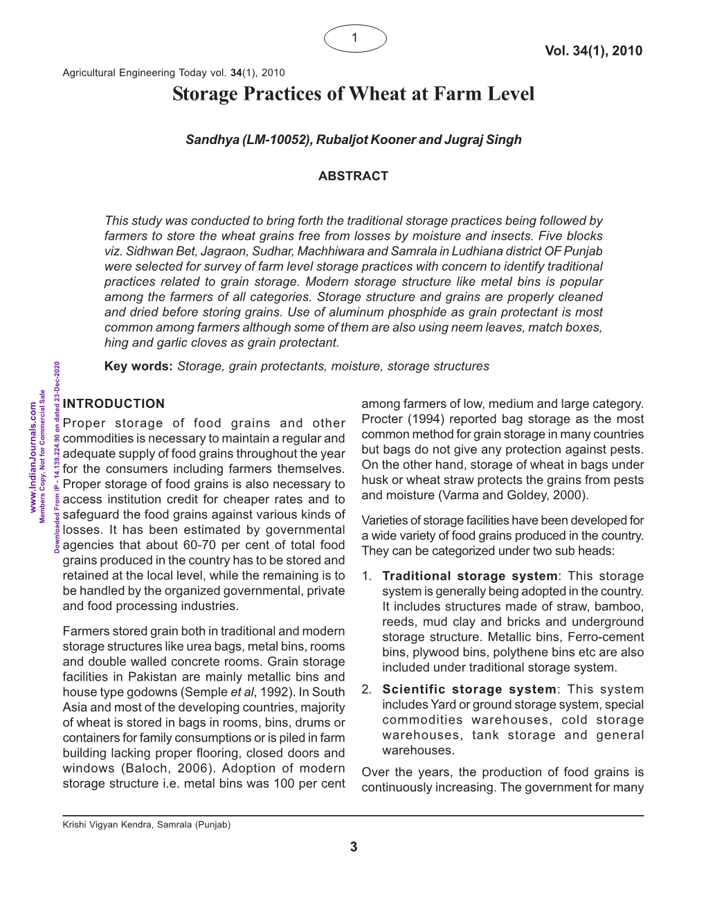 Storage Practices of Wheat at Farm Level