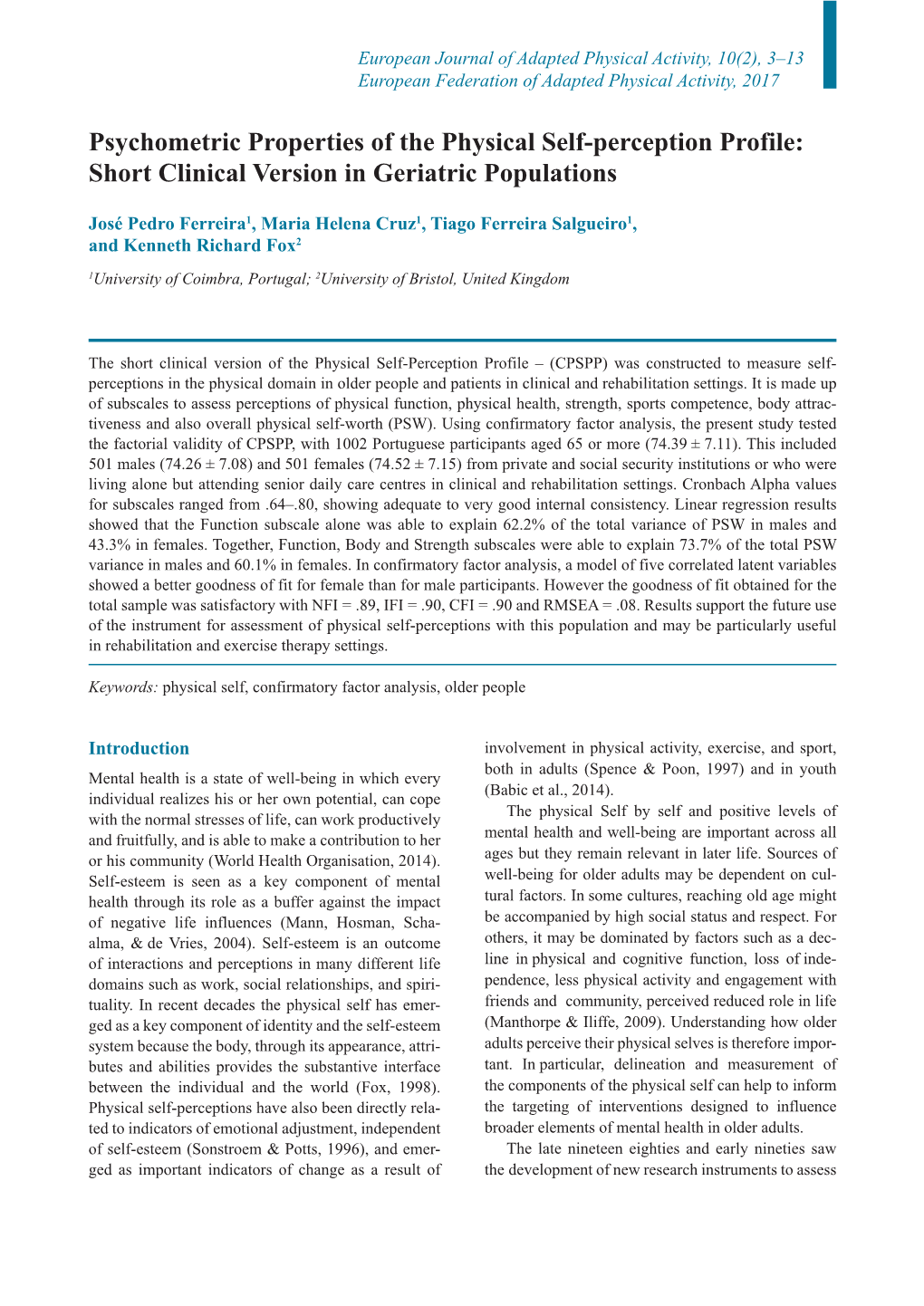 Psychometric Properties of the Physical Self-Perception Profile: Short Clinical Version in Geriatric Populations