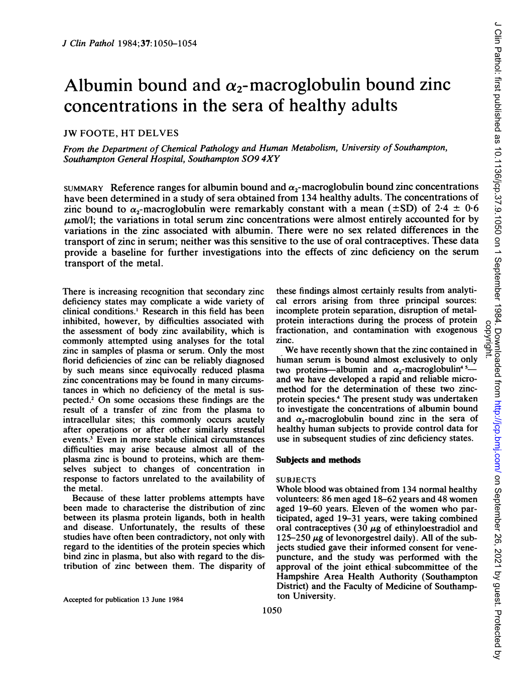 Albumin Bound and A2-Macroglobulin Bound Zinc Concentrations in the Sera of Healthy Adults