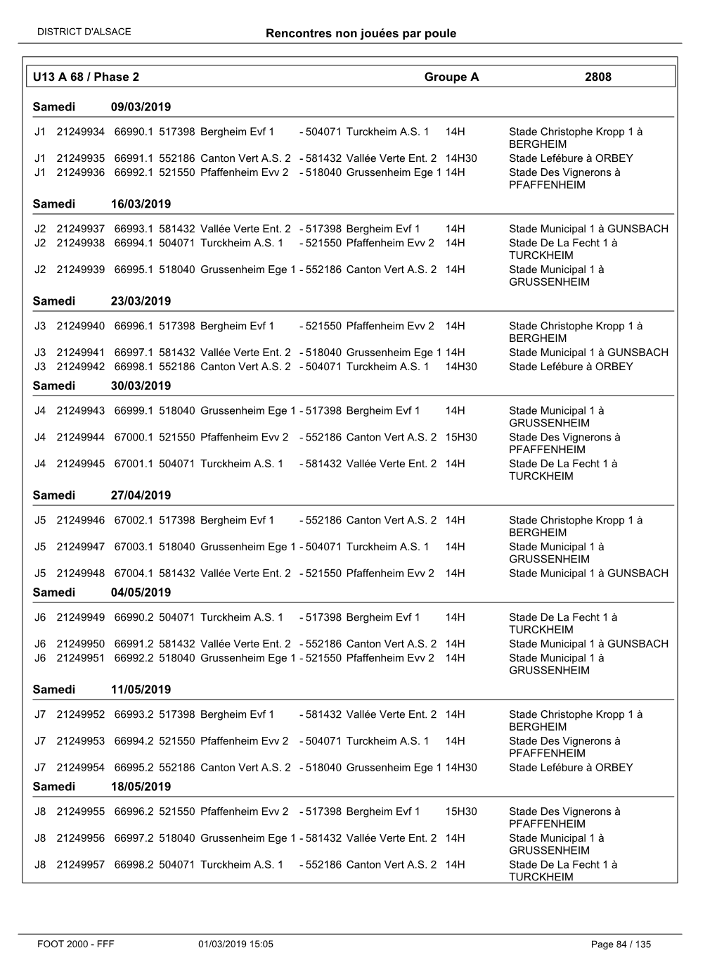 Rencontres Non Jouées Par Poule 09/03/2019 16/03/2019 23/03/2019