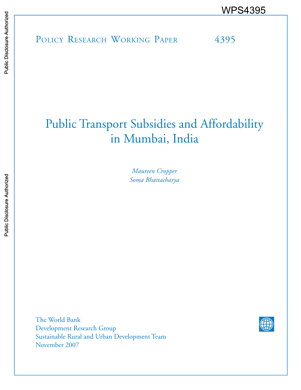Public Transport Subsidies and Affordability in Mumbai, India Public Disclosure Authorized