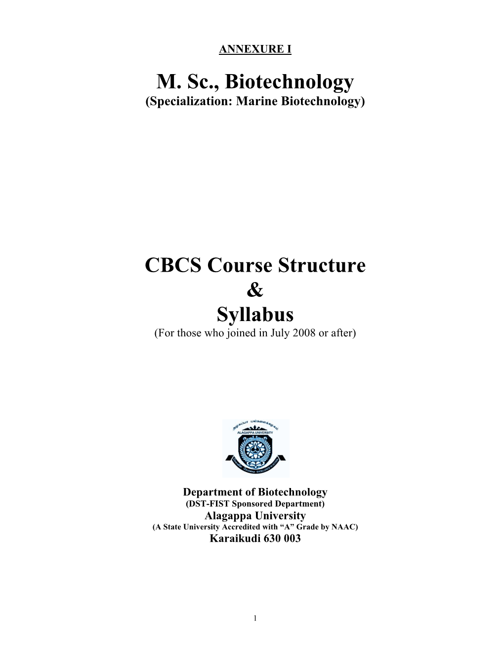 M. Sc., Biotechnology CBCS Course Structure & Syllabus