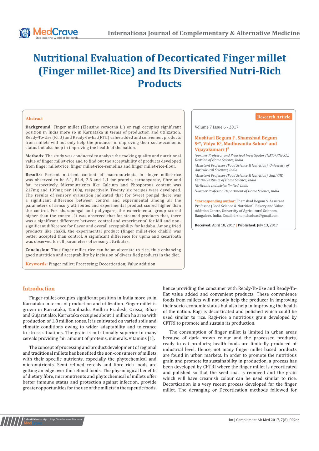 Finger Millet-Rice) and Its Diversified Nutri-Rich Products