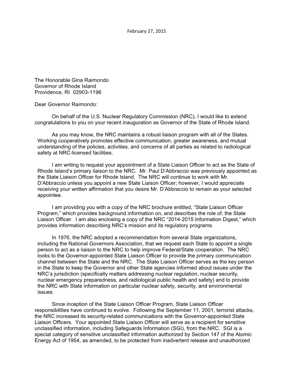 Letter to Rhode Island Governor Gina Raimondo Requesting Designation