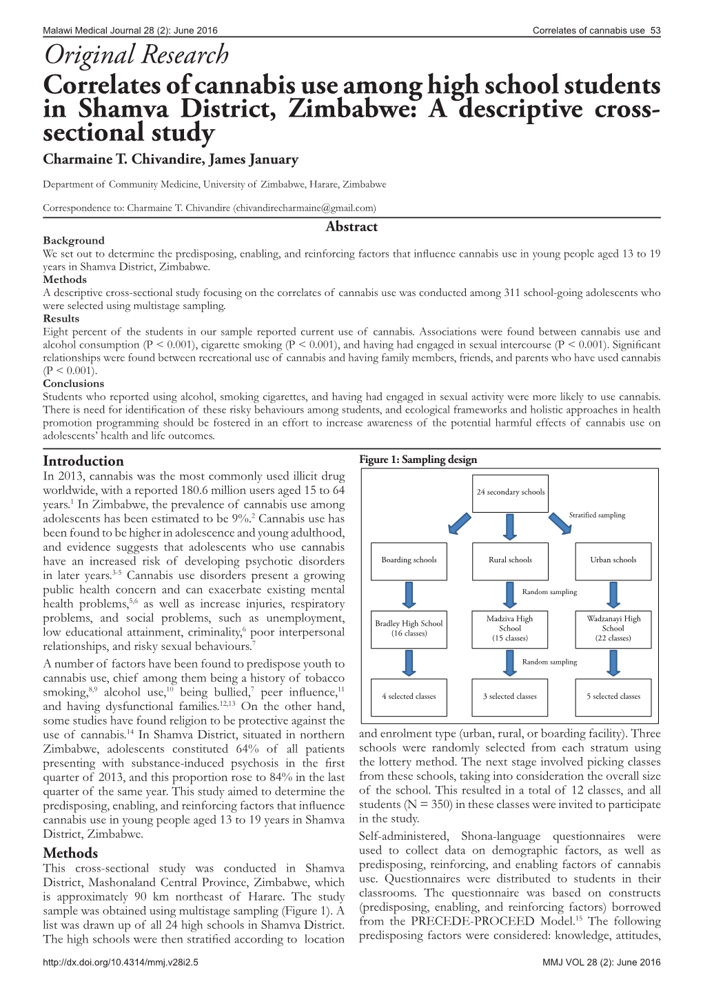 Original Research Correlates of Cannabis Use Among High School Students in Shamva District, Zimbabwe: a Descriptive Cross- Sectional Study Charmaine T