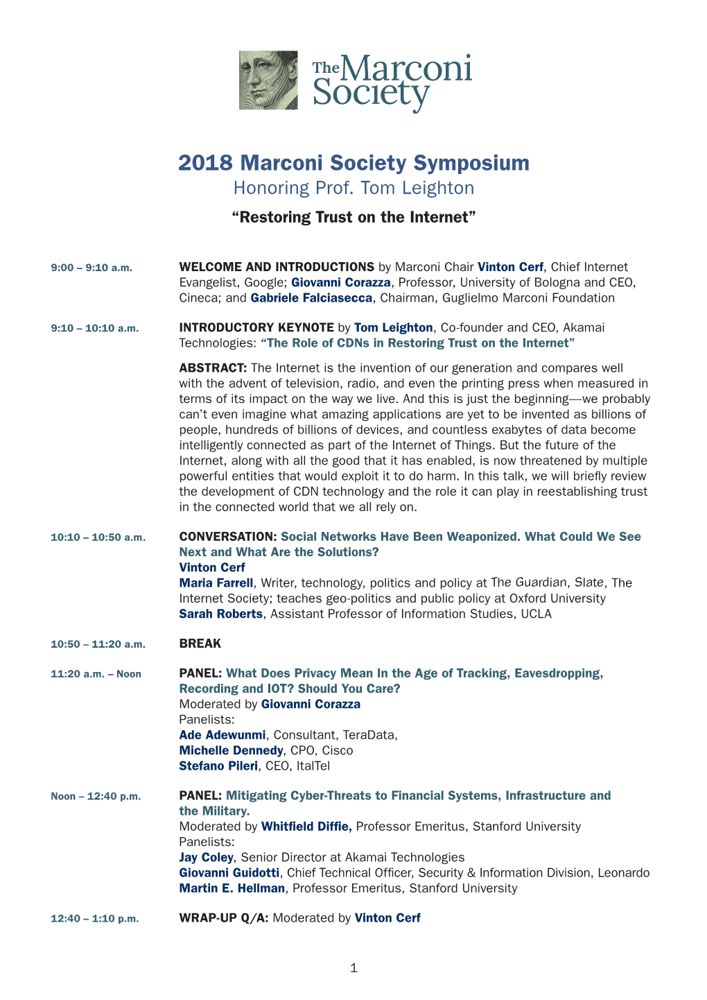 2018 Marconi Society Symposium Honoring Prof