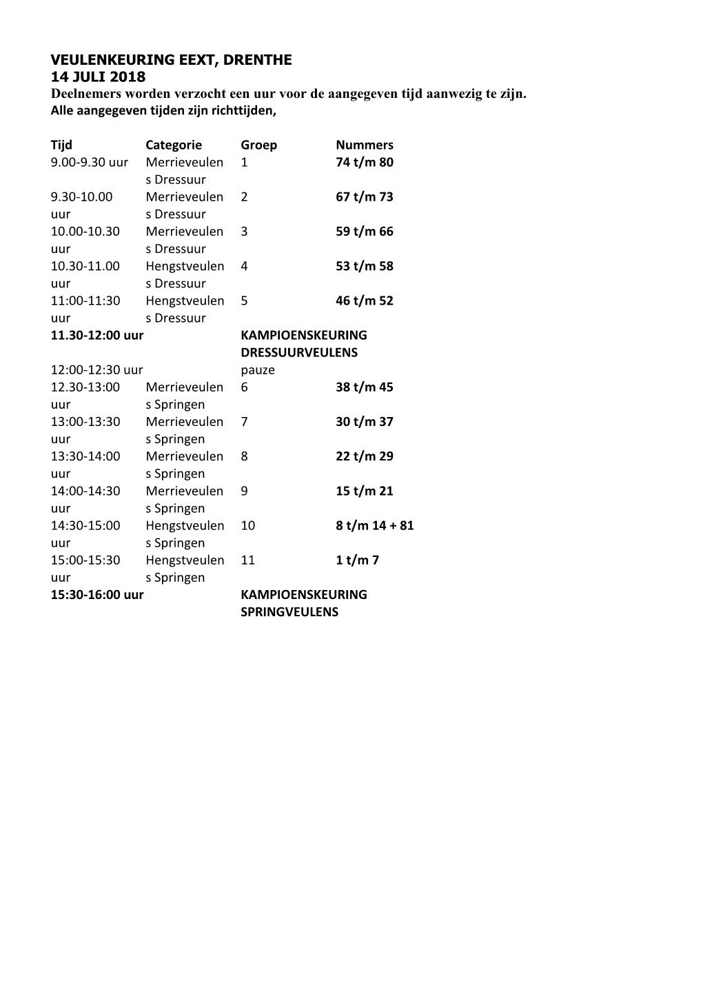 VEULENKEURING EEXT, DRENTHE 14 JULI 2018 Deelnemers Worden Verzocht Een Uur Voor De Aangegeven Tijd Aanwezig Te Zijn