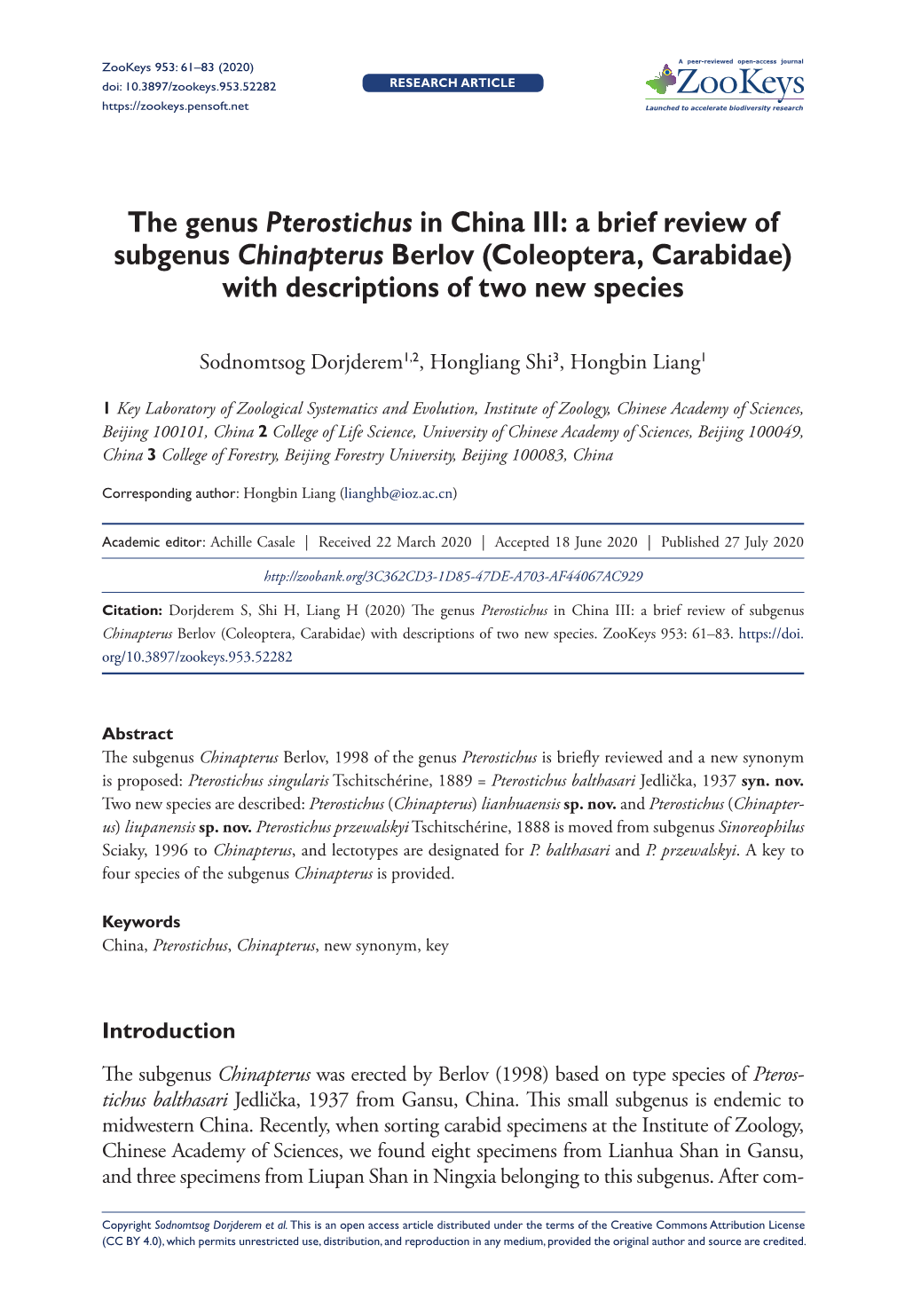 The Genus Pterostichus in China III: a Brief Review of Subgenus Chinapterus Berlov (Coleoptera, Carabidae) with Descriptions of Two New Species