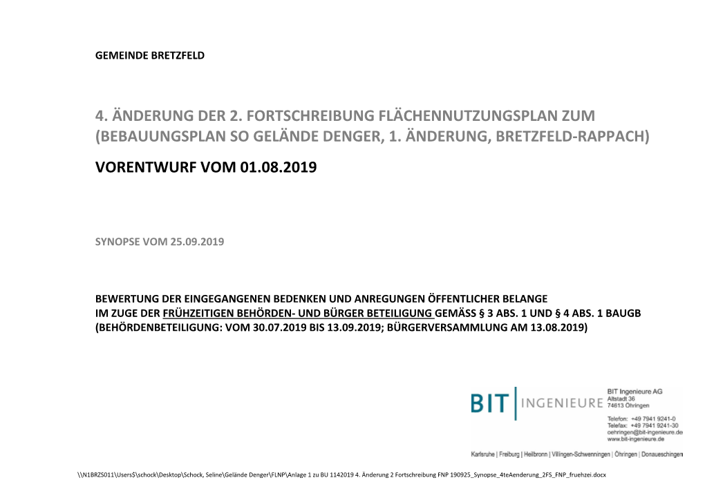 4. Änderung Der 2. Fortschreibung Flächennutzungsplan Zum (Bebauungsplan So Gelände Denger, 1. Änderung, Bretzfeld-Rappach)