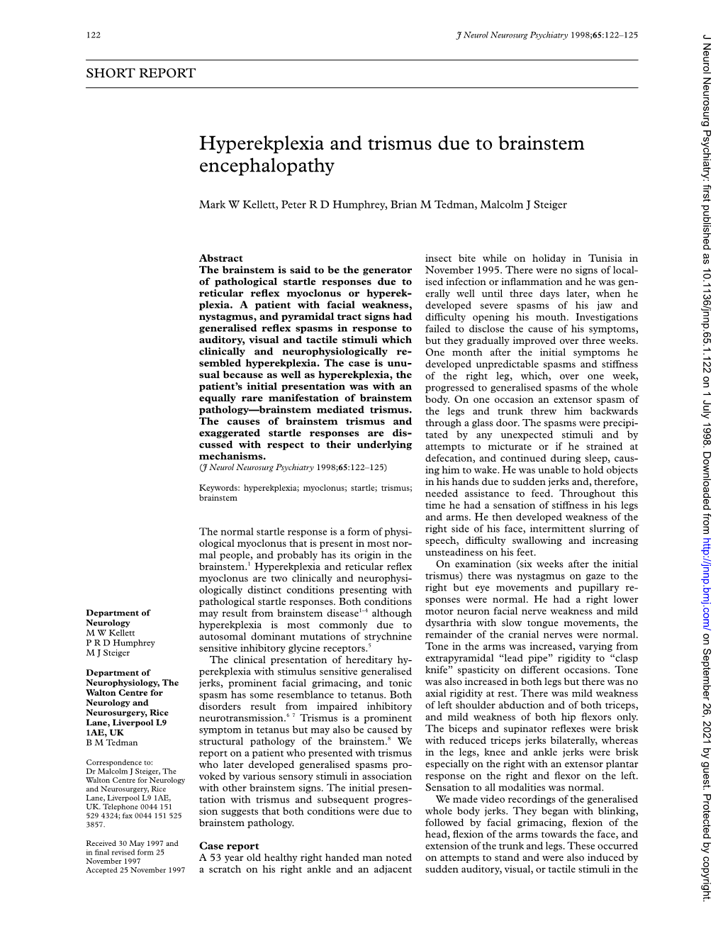 Hyperekplexia and Trismus Due to Brainstem Encephalopathy