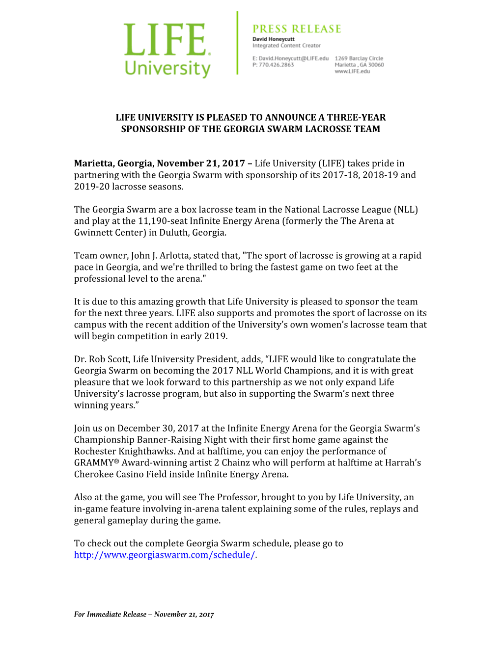 Life University Is Pleased to Announce a Three-Year Sponsorship of the Georgia Swarm Lacrosse Team