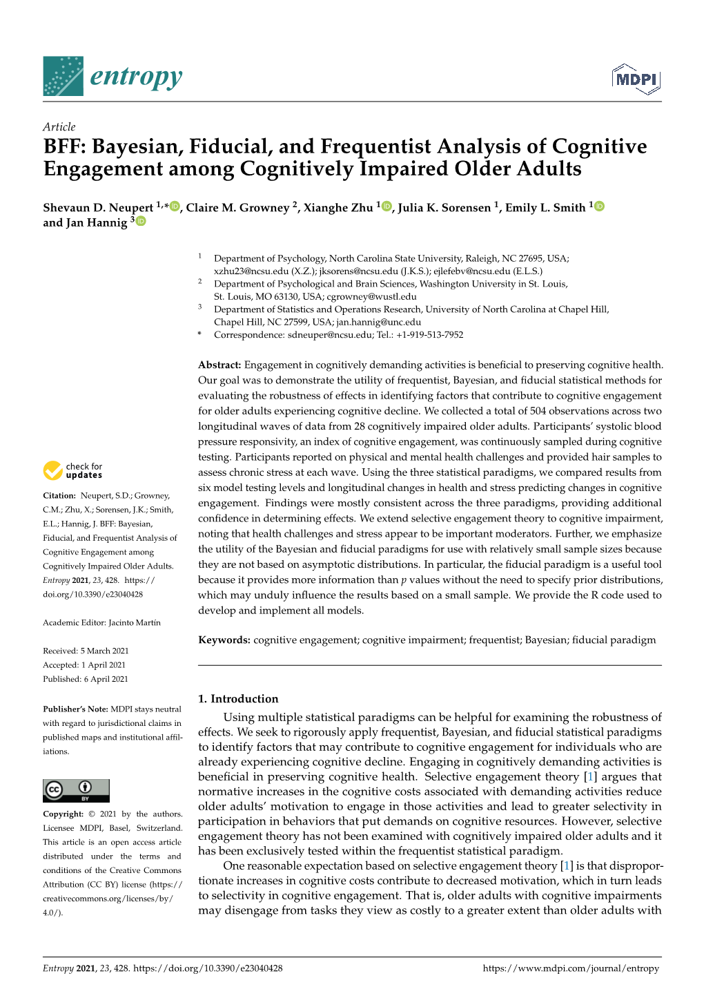 Bayesian, Fiducial, and Frequentist Analysis of Cognitive Engagement Among Cognitively Impaired Older Adults