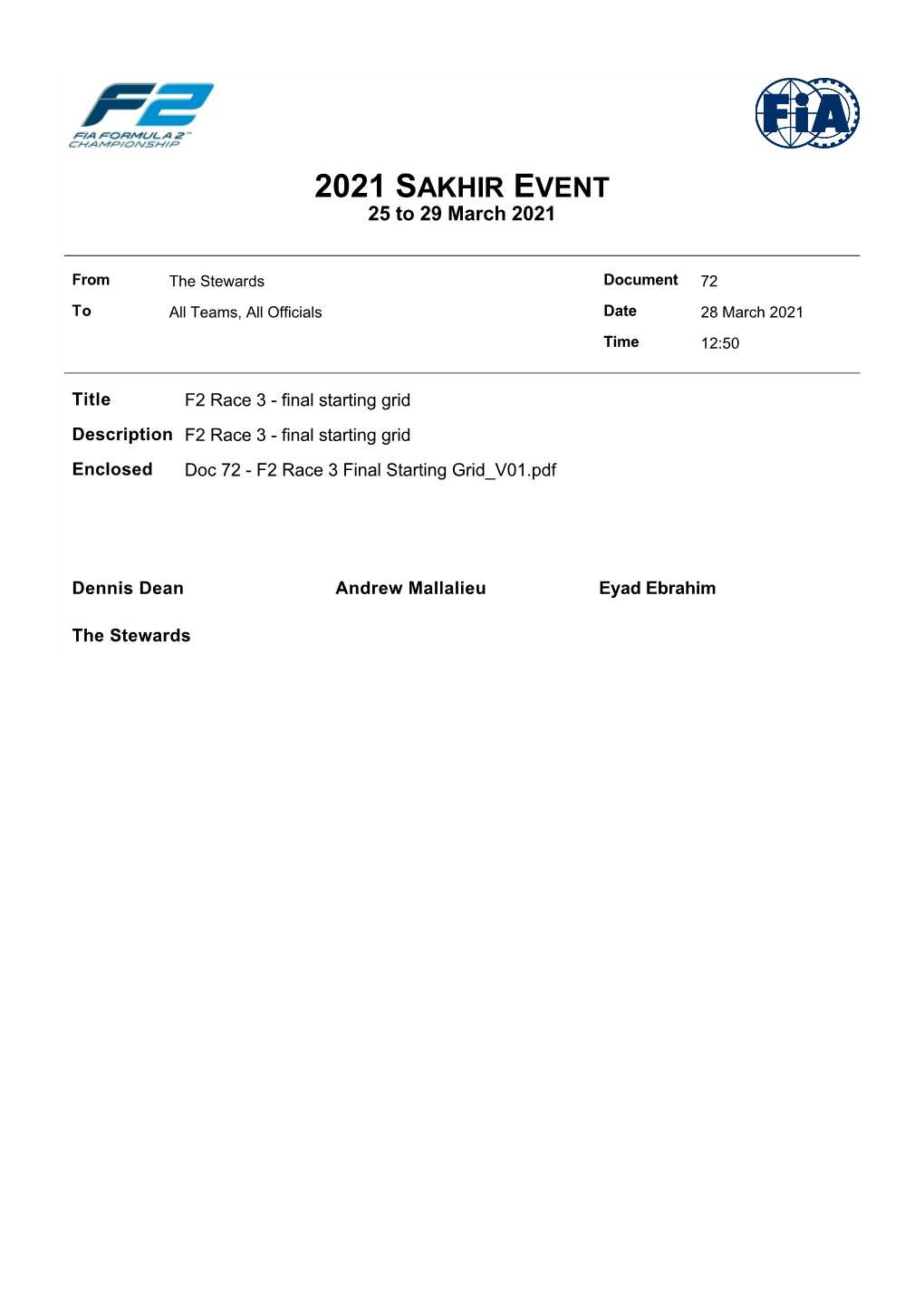 F2 Race 3 - Final Starting Grid Description F2 Race 3 - Final Starting Grid Enclosed Doc 72 - F2 Race 3 Final Starting Grid V01.Pdf