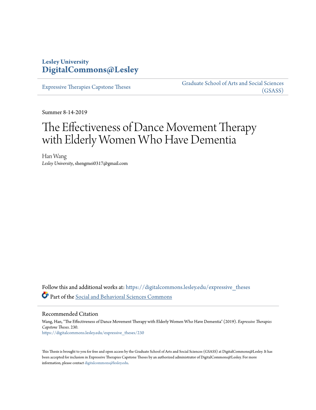 The Effectiveness of Dance Movement Therapy with Elderly Women Who Have Dementia" (2019)