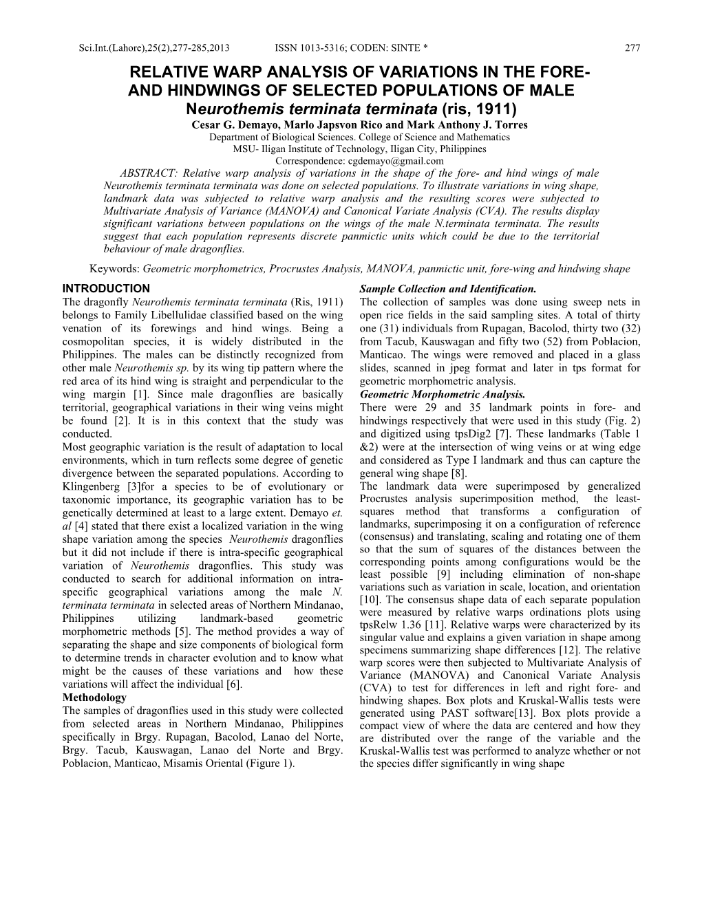 RELATIVE WARP ANALYSIS of VARIATIONS in the FORE- and HINDWINGS of SELECTED POPULATIONS of MALE Neurothemis Terminata Terminata (Ris, 1911) Cesar G