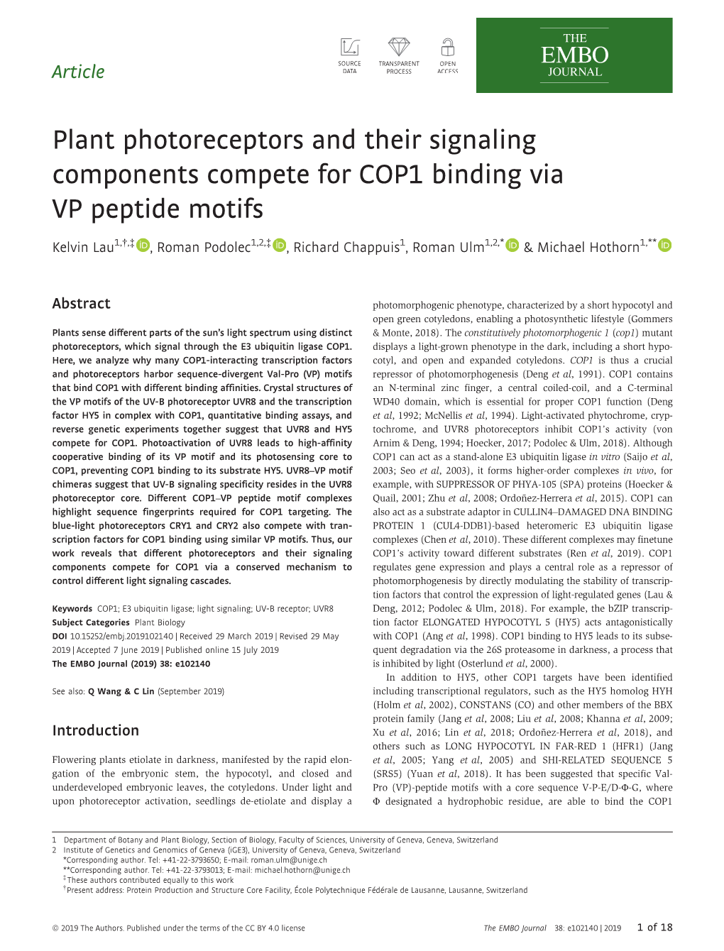Plant Photoreceptors and Their Signaling Components Compete for COP1 Binding Via VP Peptide Motifs