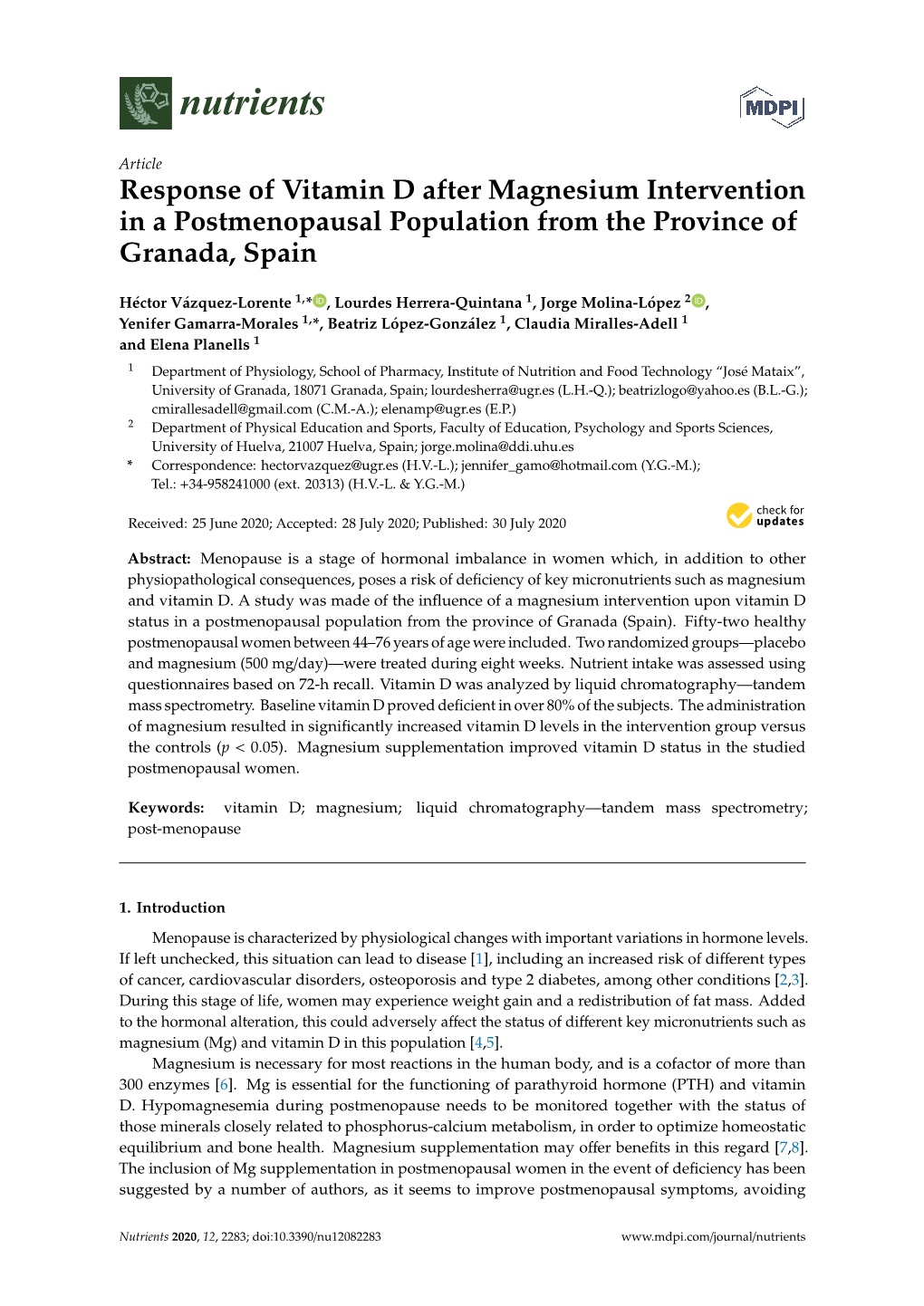 Response of Vitamin D After Magnesium Intervention in a Postmenopausal Population from the Province of Granada, Spain