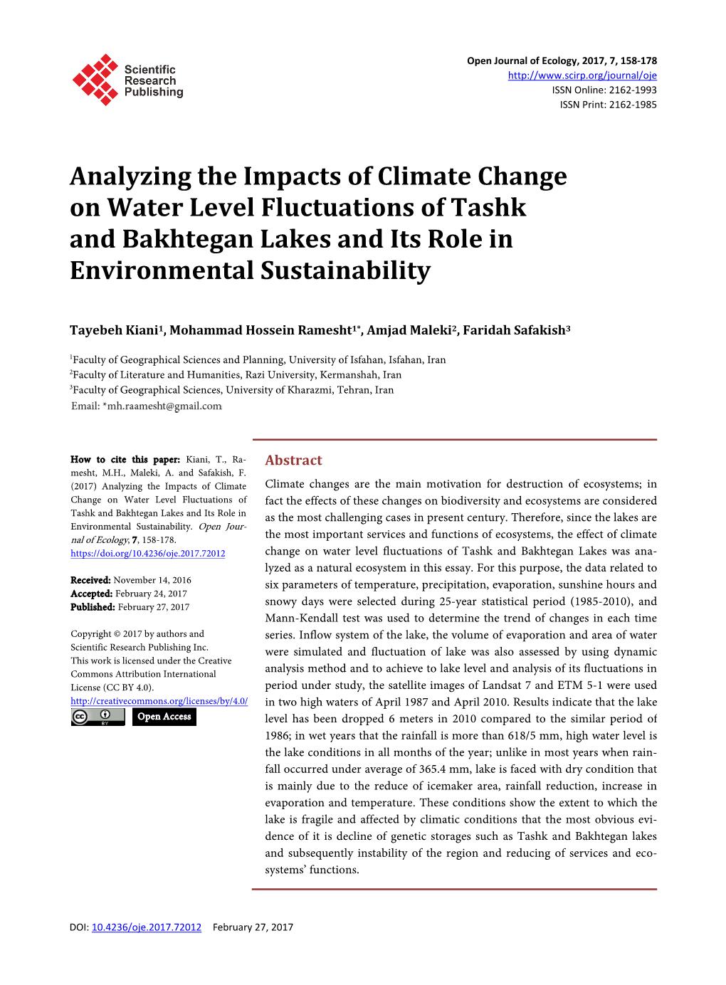 Analyzing the Impacts of Climate Change on Water Level Fluctuations of Tashk and Bakhtegan Lakes and Its Role in Environmental Sustainability