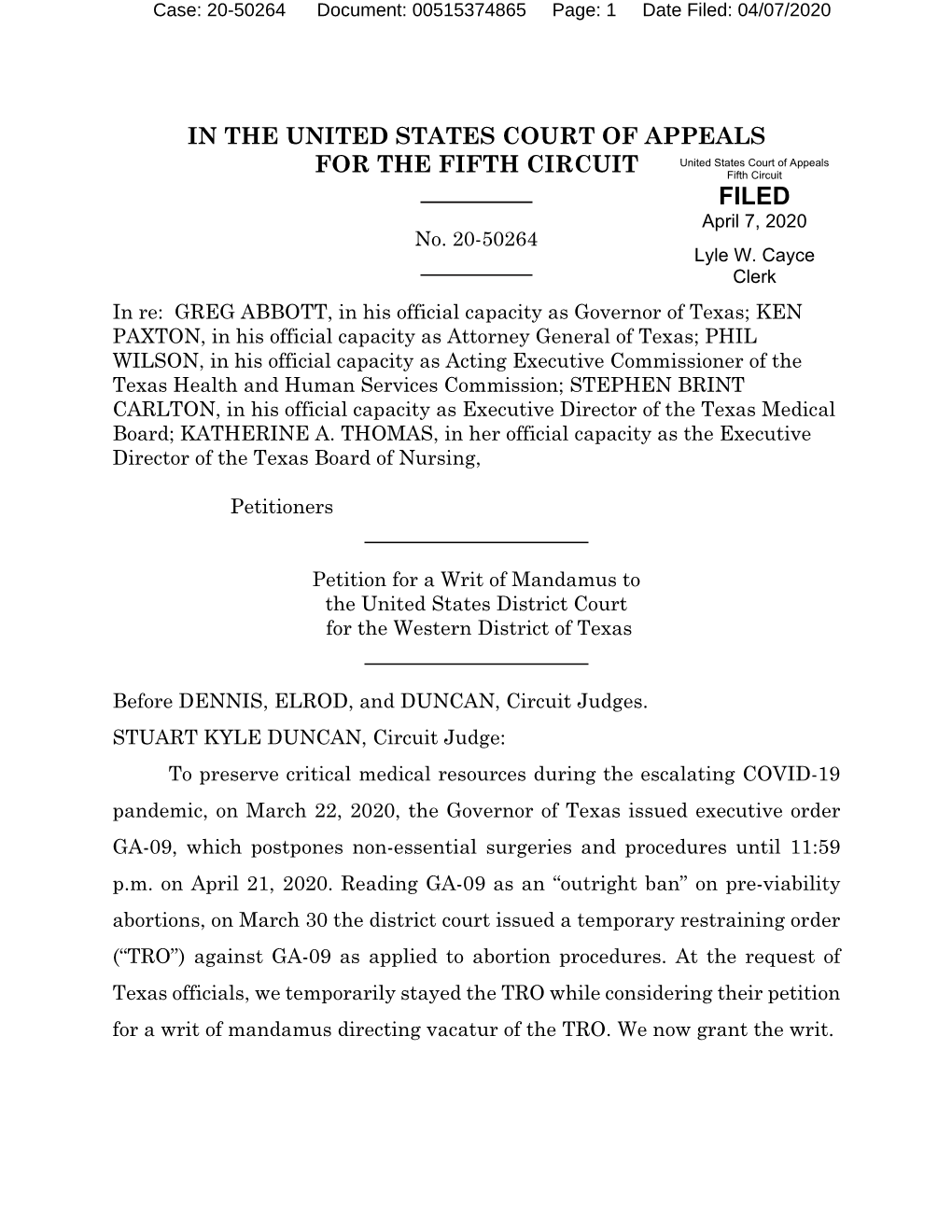 FIFTH CIRCUIT Fifth Circuit FILED April 7, 2020 No