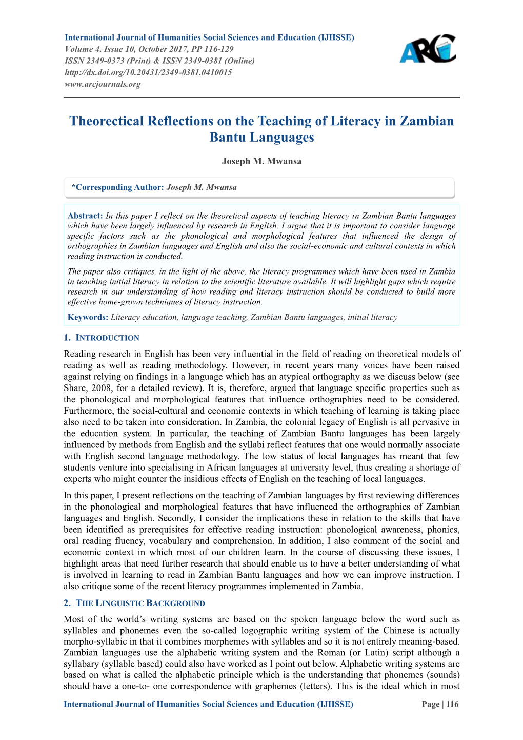 Theorectical Reflections on the Teaching of Literacy in Zambian Bantu Languages