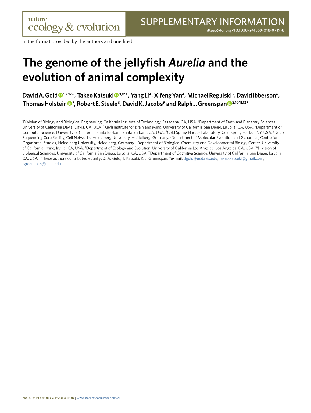 The Genome of the Jellyfish Aurelia and the Evolution of Animal Complexity