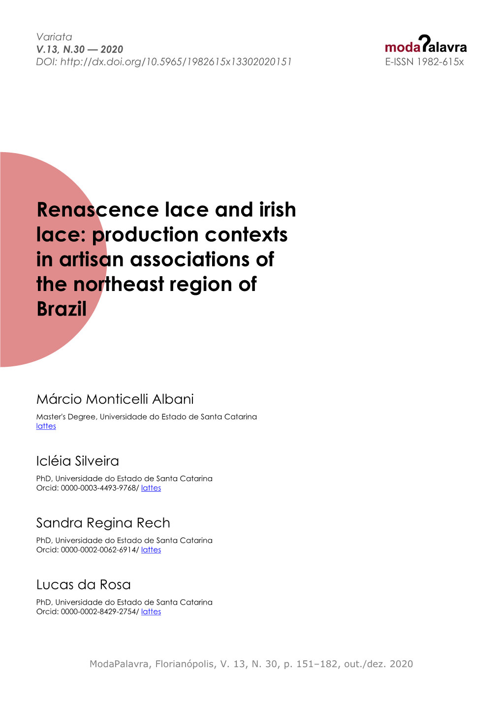 Renascence Lace and Irish Lace: Production Contexts in Artisan Associations of the Northeast Region of Brazil