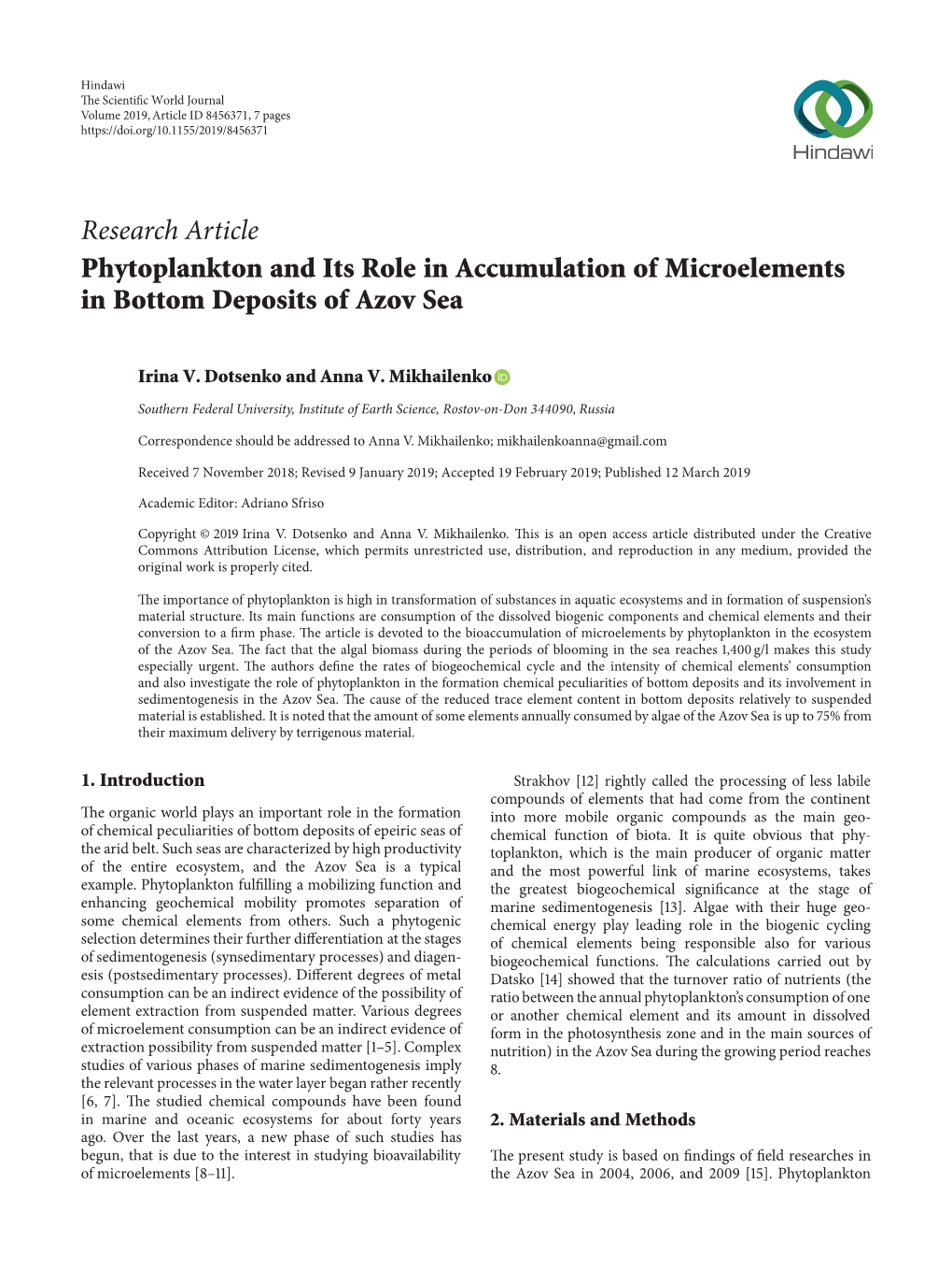 Research Article Phytoplankton and Its Role in Accumulation of Microelements in Bottom Deposits of Azov Sea