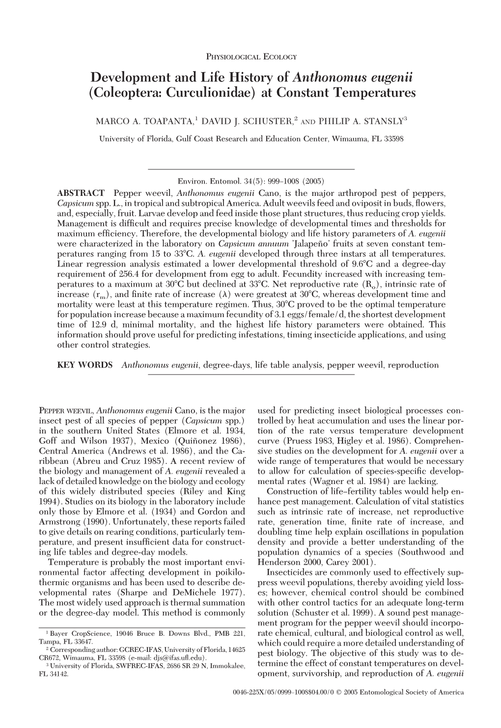 Development and Life History of Anthonomus Eugenii (Coleoptera: Curculionidae) at Constant Temperatures