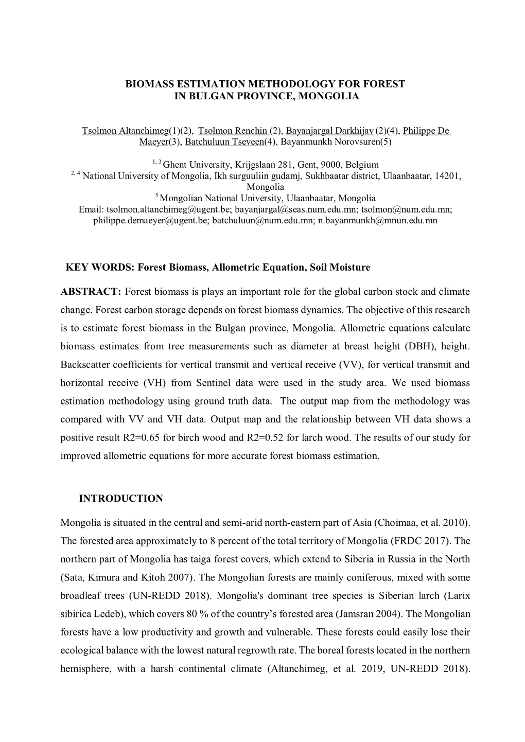 Biomass Estimation Methodology for Forest in Bulgan Province, Mongolia