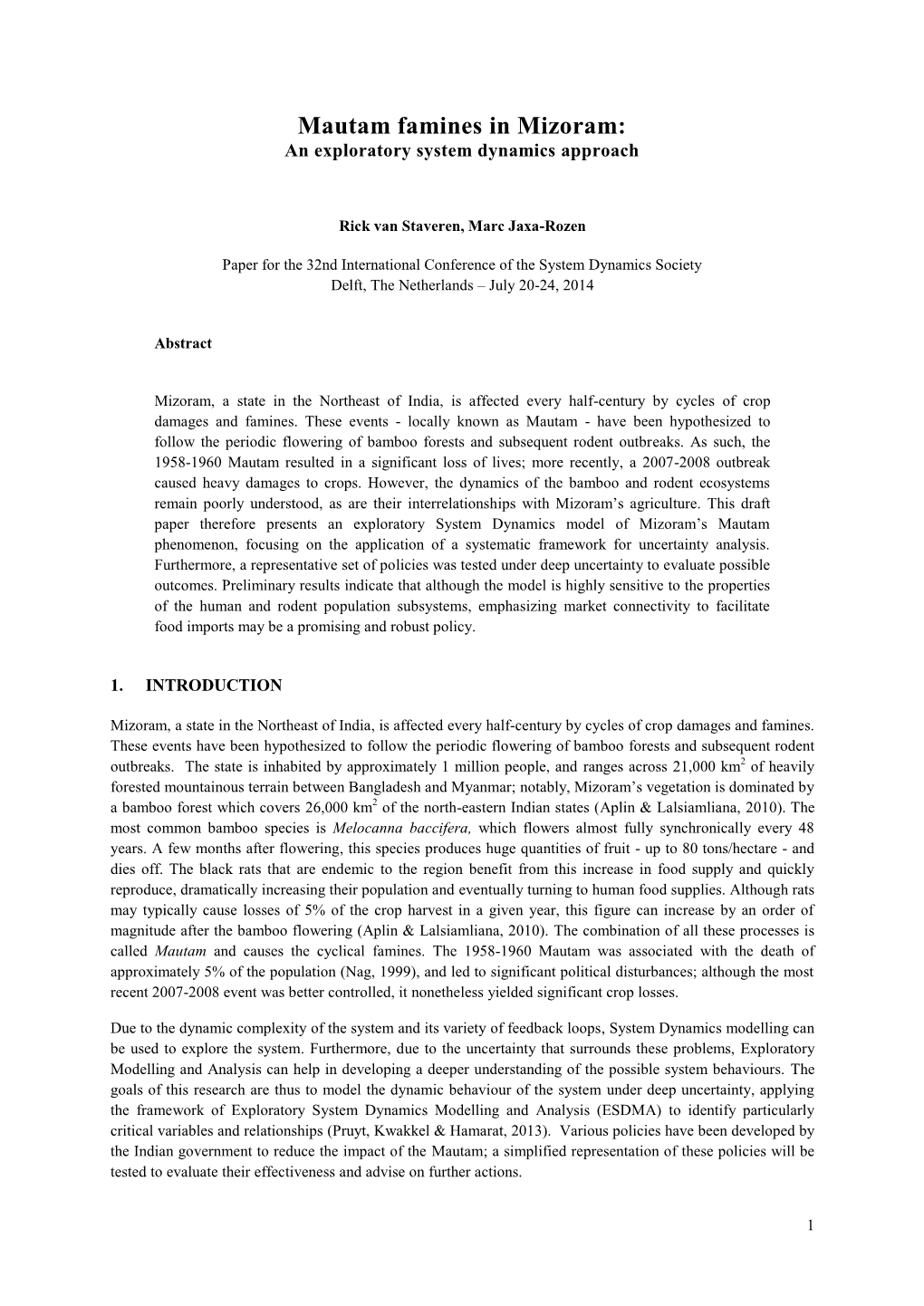 Mautam Famines in Mizoram: an Exploratory System Dynamics Approach