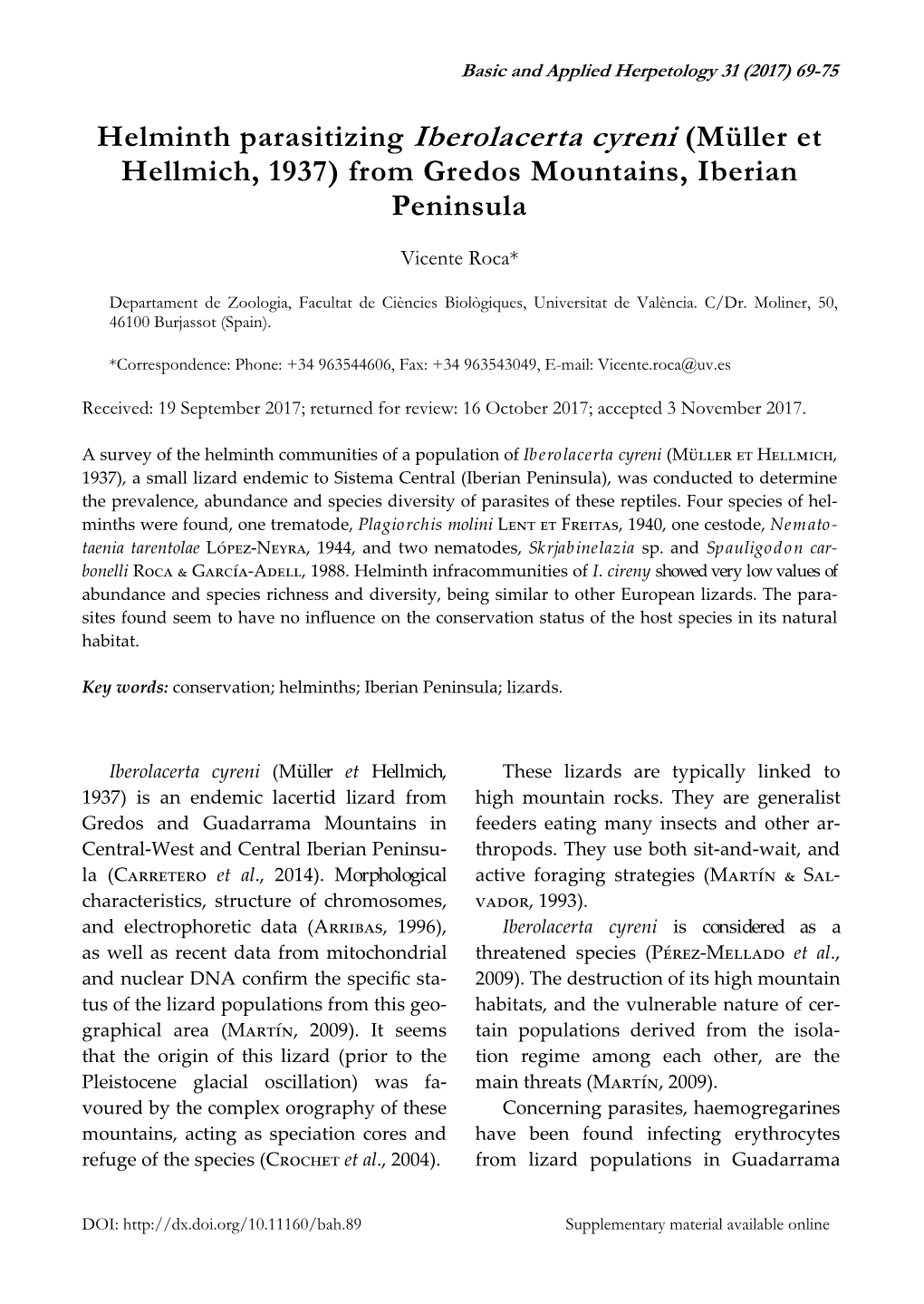 Helminth Parasitizing Iberolacerta Cyreni (Müller Et Hellmich, 1937) from Gredos Mountains, Iberian Peninsula