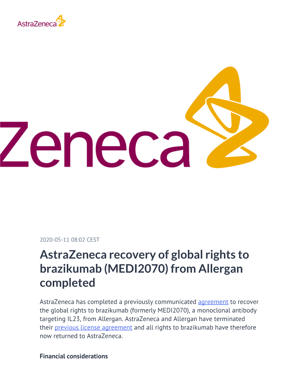 Astrazeneca Recovery of Global Rights to Brazikumab (MEDI2070) from Allergan Completed