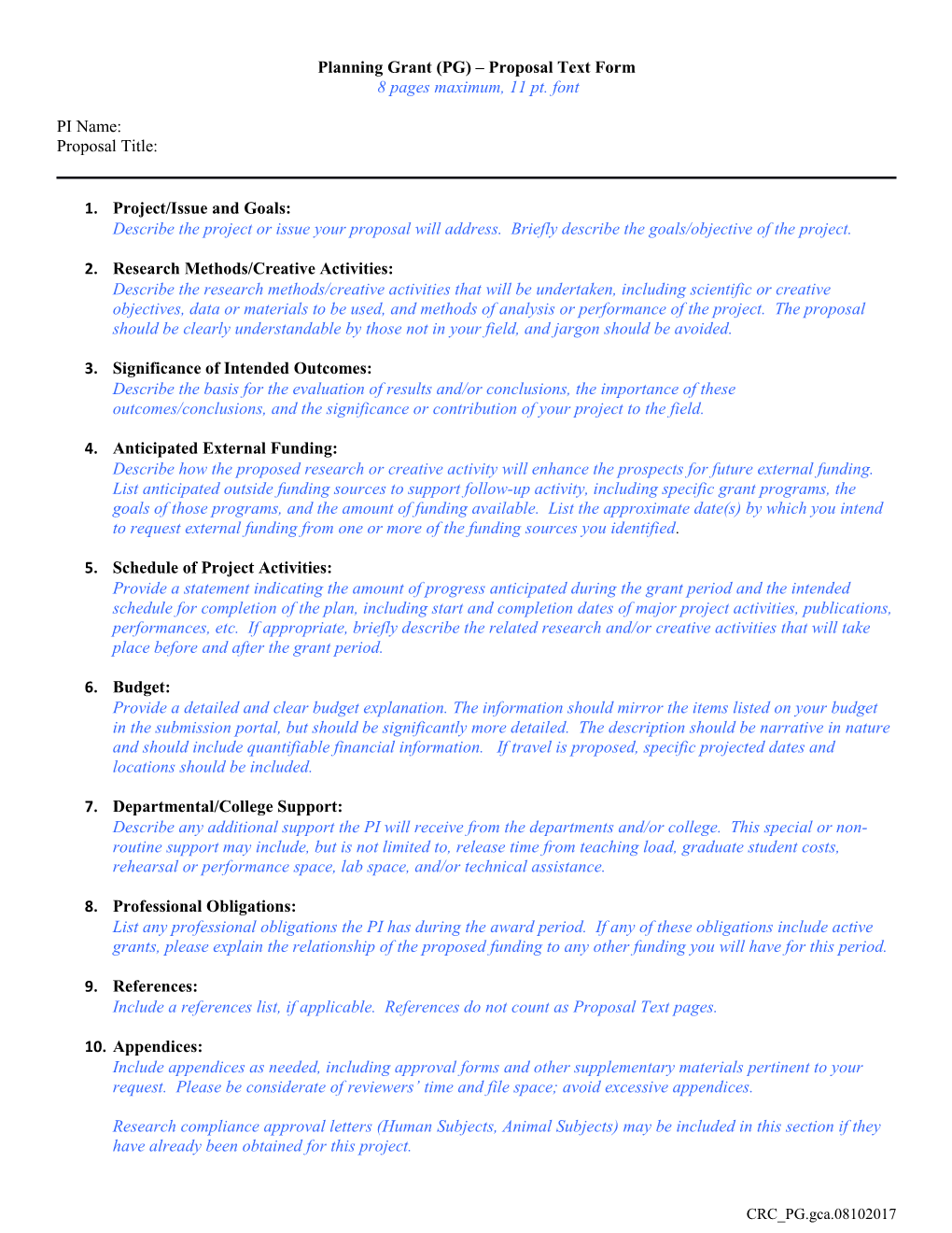 Planning Grant (PG) Proposal Text Form