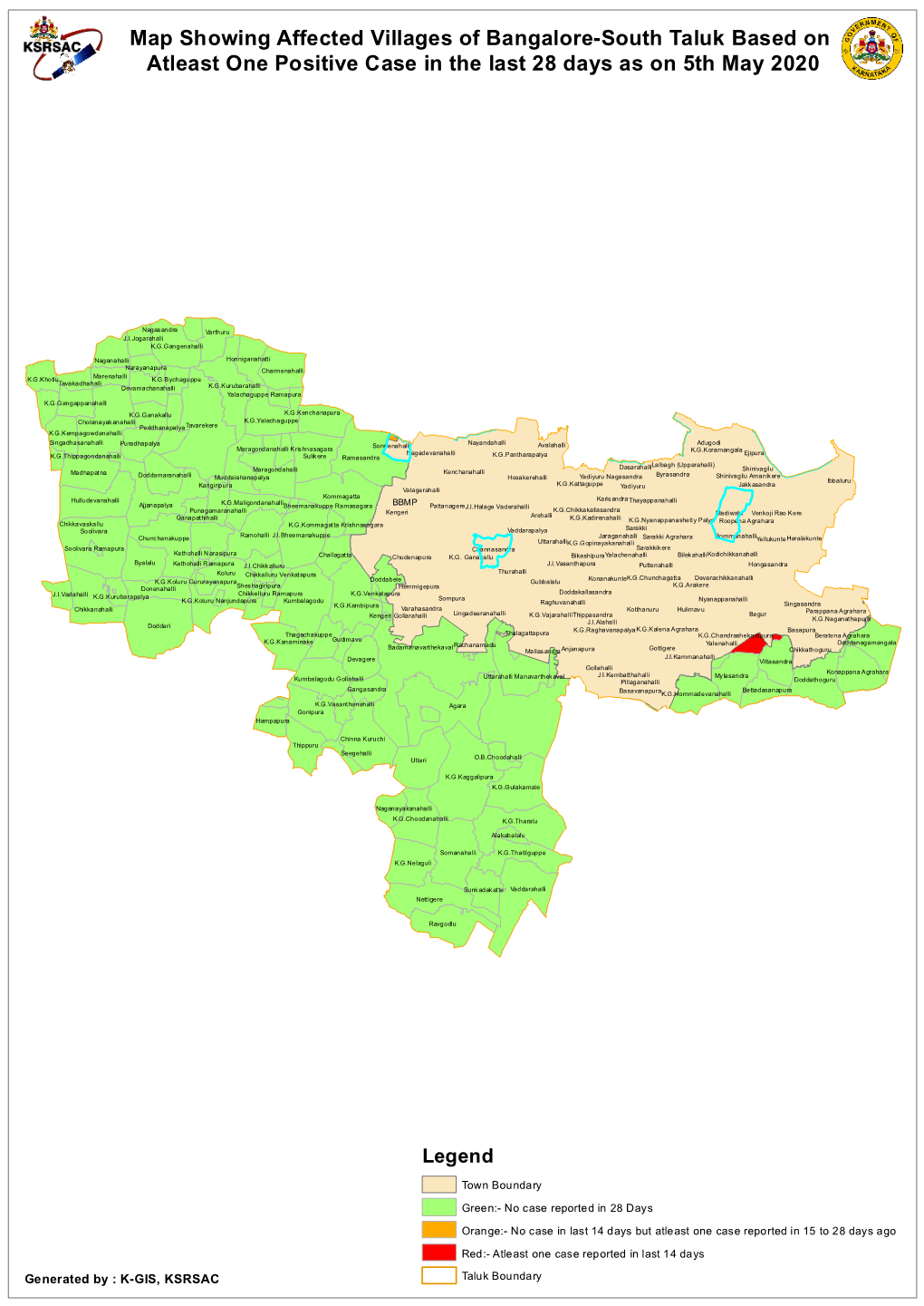 Map Showing Affected Villages of Bangalore-South Taluk Based on Atleast One Positive Case in the Last 28 Days As on 5Th May 2020