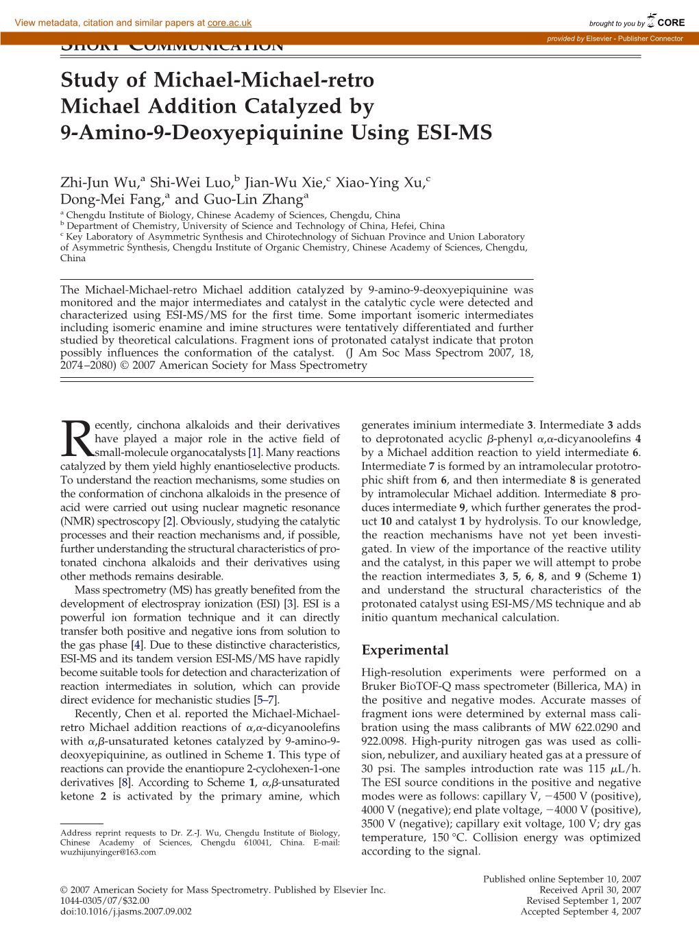 Study of Michael-Michael-Retro Michael Addition Catalyzed by 9-Amino-9-Deoxyepiquinine Using ESI-MS