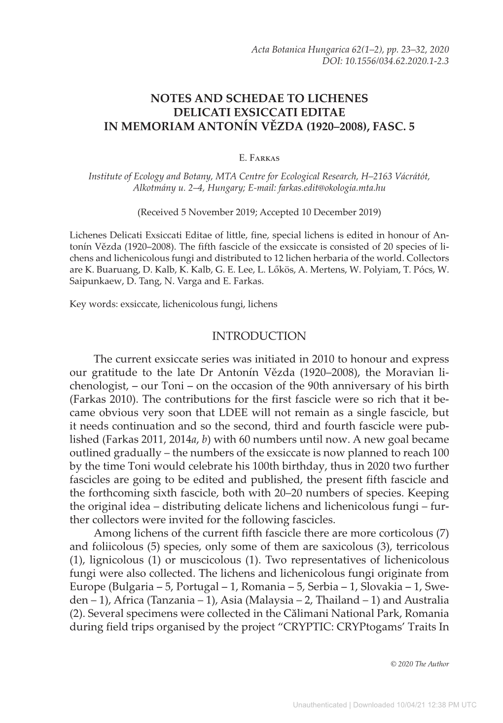 Notes and Schedae to Lichenes Delicati Exsiccati Editae in Memoriam Antonín Vězda (1920–2008), Fasc. 5
