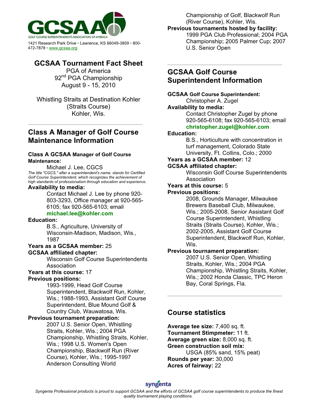 GCSAA Tournament Fact Sheet Class a Manager of Golf Course