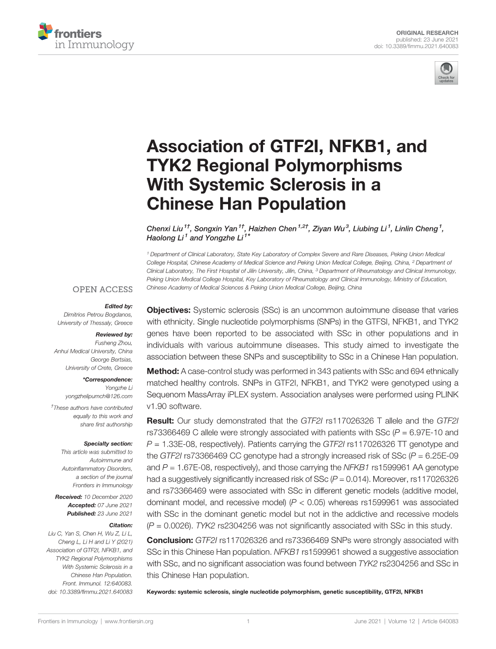 Association of GTF2I, NFKB1, and TYK2 Regional Polymorphisms with Systemic Sclerosis in a Chinese Han Population