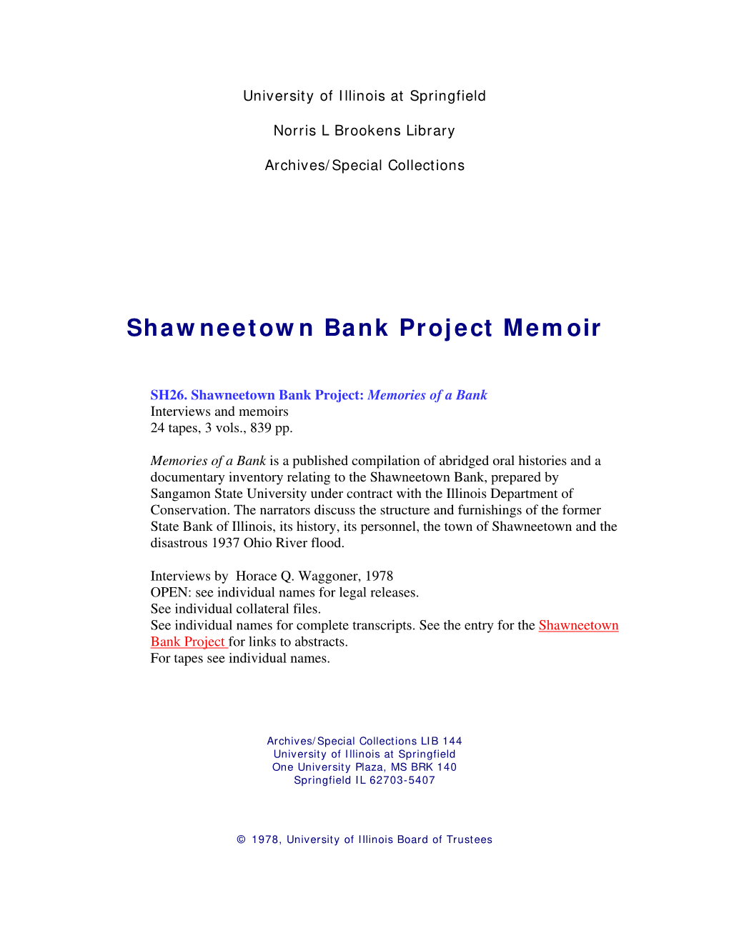 Shawneetown Bank Project Memoir