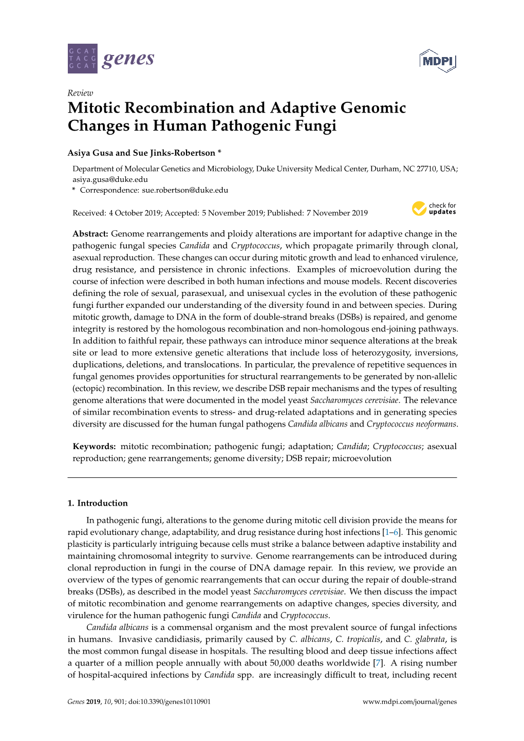 Mitotic Recombination and Adaptive Genomic Changes in Human Pathogenic Fungi