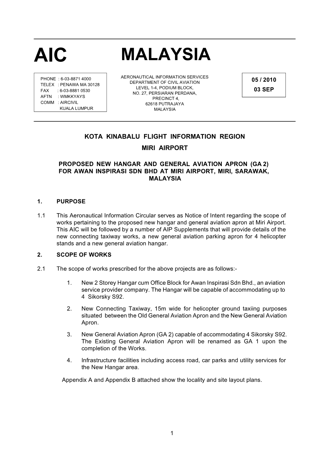 Proposed New Hangar and General Aviation Apron (Ga 2) for Awan Inspirasi Sdn Bhd at Miri Airport, Miri, Sarawak, Malaysia