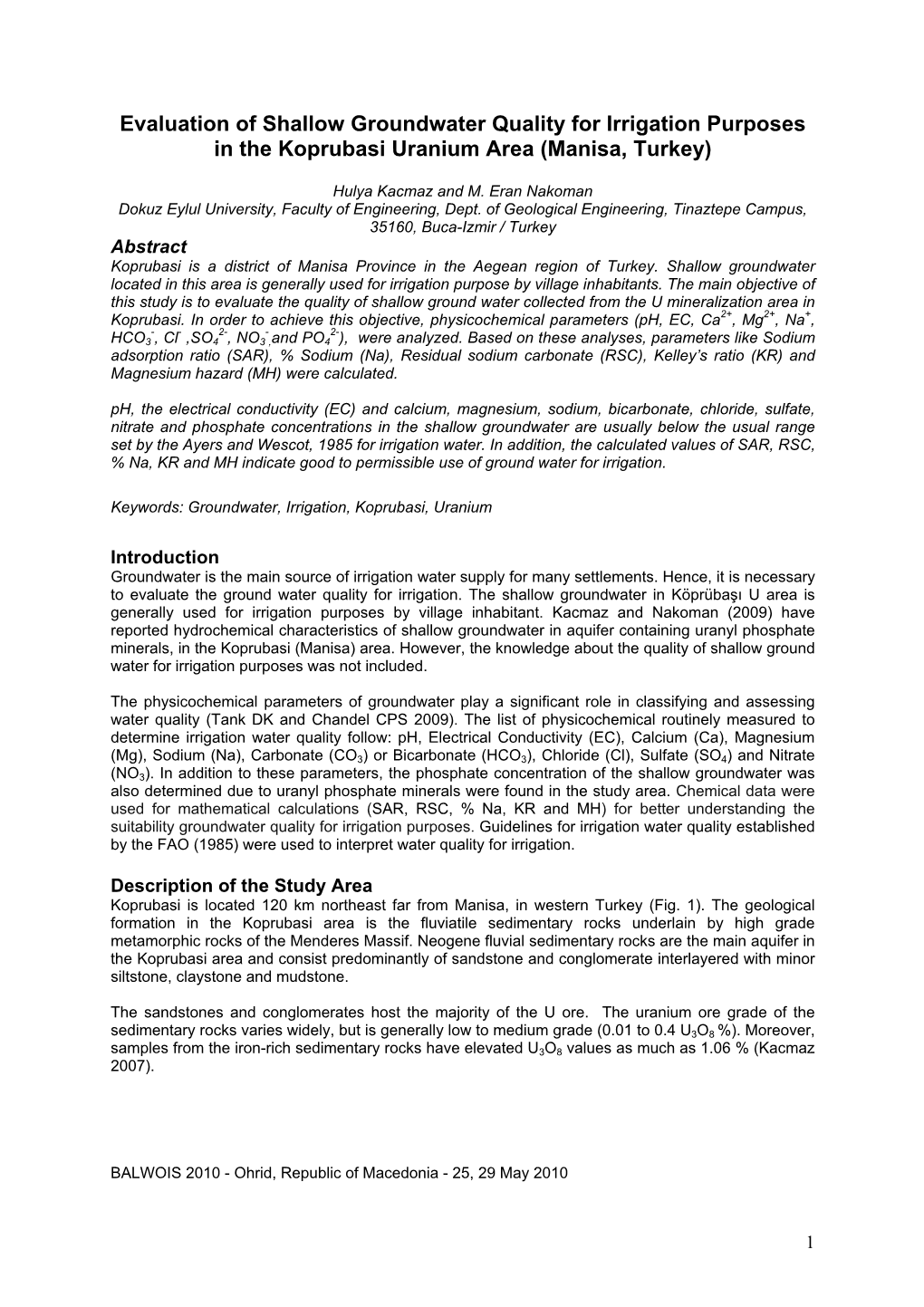 Evaluation of Shallow Groundwater Quality for Irrigation Purposes in the Koprubasi Uranium Area (Manisa, Turkey)