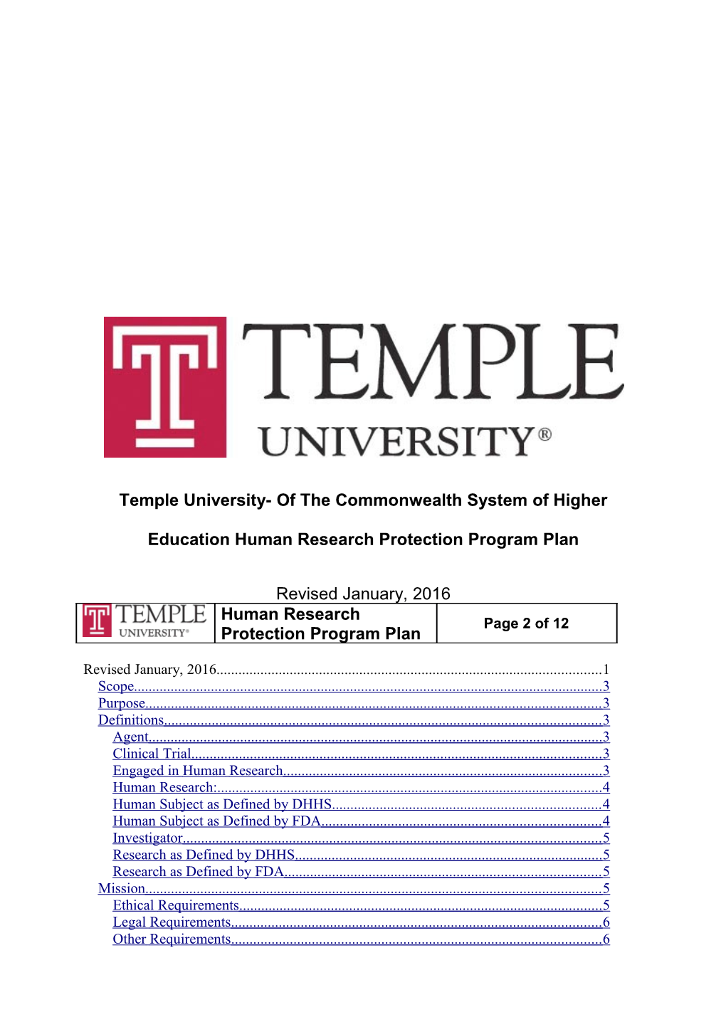 Temple University- of the Commonwealth System of Higher Education Human Research Protection